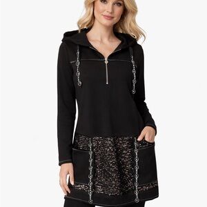 Tricotto Black Sequin Hoodie Tunic Dress Women M Sporty Glam Pullover Sweatshirt